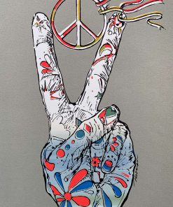 Sketch of hand making peace sign with peace symbol held between fingers